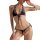 Woman modeling a black lace three-piece lingerie set with open-crotch bikini bottom and halter bra, designed for plus size co...