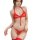 Woman modeling red lace three-piece lingerie set with open-crotch bikini bottom and matching garter stockings.