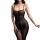 Woman wearing a sexy transparent black bodysuit with thin straps and matching stockings, showcasing a sleek and seductive sil...