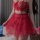 Woman wearing red lace lingerie set with sheer skirt, push-up top, and garter straps; sexy uniform-inspired design for small ...