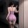 Woman in purple sheer lingerie set with lace trim, back view showing retro erotic nightgown outfit and fishnet stockings.