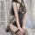 Sexy vintage black lace cheongsam sleep dress with sheer cut-outs, retro lingerie set featuring delicate ties and elegant sil...