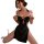 Woman wearing black embroidered silk velvet cheongsam lingerie with high slit and floral details, vintage-inspired tight-fit ...