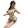 Woman in sexy western-style lace bodysuit and bodycon mini skirt set, featuring sheer mesh details and gold accents.