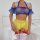 Sheer lace maid costume featuring a blue halter top with ruffles, yellow tutu skirt, and white stockings with red bows, perfe...