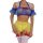 Sheer lace maid costume featuring a blue sheer top with ruffled sleeves, yellow tutu skirt, and white stockings with red bows...