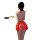 A woman wears a red shimeisha chinese new year lingerie set, featuring an exotic dance-inspired design with intricate pattern...