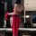 Woman in red silk-look lace flagpole sleepwear set, back view, elegant and seductive no-remove lingerie for women.