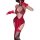 Woman in red lace lingerie set with gloves, featuring a seductive silk-look design and elegant flagpole cutout detail.