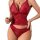 Woman wearing red lace lingerie set with cami top and shorts, elegant sleepwear for women.