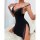 High-slit black lace-trimmed cami and sleep skirt set, featuring delicate lace details for a sexy yet casual look, perfect fo...
