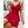 High-slit red satin sleep dress with lace trim, featuring a cami top for sexy yet casual home wear.
