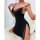 High-slit black satin sleep dress with lace detailing, featuring a cami top for sexy yet casual home wear.