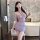 Woman wearing a flirty off-shoulder lace sleep dress in lavender, perfect for date night and romantic evenings.
