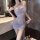 Woman wearing a flirty off-shoulder lace slip dress in soft lavender, perfect for date night and romantic evenings.