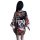 Front view of a black floral patterned japanese-style open front kimono with a bow tie, designed for role play and nightclub ...