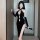 Elegant black velvet cheongsam with lace detailing, featuring a backless design and high slit, perfect for retro role play ou...