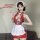 Elegant red floral chinese qipao with white apron, soft silk look, sensual design, perfect nightwear.