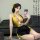 Elegant yellow floral design qipao with plunging neckline and black skirt, perfect for traditional-inspired nightwear. soft s...