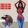Woman modeling a red and blue spider-man inspired sexy lingerie set, featuring a form-fitting cosplay costume with web patter...
