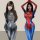 Two women modeling spider-man inspired sexy lingerie sets, featuring a sleek black and vibrant red-blue cosplay costume for a...
