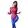 Woman wearing spider-man inspired sexy lingerie set, red and blue cosplay costume with web pattern for adults.