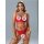 Woman modeling red lace push-up lingerie set with foot chains, featuring sheer mesh bra and panty for spring summer.