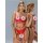 Woman modeling red lace push-up lingerie set with foot chains, featuring sheer mesh bra and panty for spring summer.