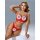 Woman modeling red lace push-up lingerie set with foot chains, featuring sheer mesh bra and panty for spring summer.