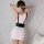 Stylish white dress with orange trim and black leather waist cincher belt, perfect for body shaping and adding a touch of edg...