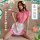 A woman wearing a pink floral chinese qipao with a maid apron, holding a fan, posing elegantly. the outfit features intricate...