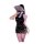 Woman in black lace cheongsam sleepwear holding a fan, featuring open sides and backless design for a sultry look.