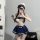 Woman in sailor-themed sultry lace lingerie set for small busts, sheer open-crotch design, student roleplay outfit with hat a...