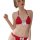 Woman wearing red sultry sheer -style strapless lingerie set with white lace trim and bow details.