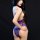 Woman wearing purple lace bodysuit, sheer lingerie set with floral details, back view, -style tight-fit erotic outfit.