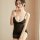 A woman models a black summer thin low-cut v-neck sexy nightgown set, featuring lace detailing and backless design, paired wi...
