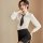 Woman modeling white blouse with black tie and pencil skirt from suoqing airline hostess costume set for nightclub wear.