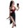 Woman wearing suoqing black sheer cheongsam lingerie set with red trim, high slit, and side cutouts, holding phone for selfie...