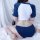 A woman sits facing away from the camera wearing a blue and white swimsuit set, featuring a crop top with rolled sleeves and ...