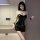 Woman wearing black suoqing fetish leather bondage bodysuit with choker and chain, sexy role play motorcycle outfit set for a...