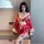 Woman wearing red floral suoqing japanese-style sexy lingerie kimono robe with low-cut design for nightclub and stage perform...
