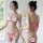 Woman modeling suoqing pearl bikini set with lace butterfly bra and matching panty, featuring pink gingham trim and pearl det...