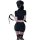Woman in black police-themed lingerie set with short skirt, cap, and whip, viewed from behind for role play.