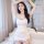 Woman wearing suoqing purple floral lace chemise, a sexy sheer sleepwear nightgown with delicate lace trim and floral pattern...