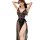 Woman wearing black suoqing lace mesh sleepwear with deep v-neck and sheer bodysuit design.