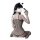 Woman in black mesh bodysuit with large weave pattern, kneeling and holding phone. suoqing sensual mesh bodysuit for women.