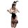 Woman in black suoqing sexy catgirl maid costume with white fur trim, bunny ears, and thigh garters, kneeling while taking a ...