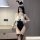 Woman wearing suoqing sexy catgirl maid costume - black lace bodysuit with bunny ears, fluffy trim, and thigh-high stockings ...