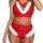 Suoqing sexy lingerie set - sheer lace peek-a-boo bustier & high-waisted pencil skirt outfit in red with white fur trim.