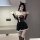 Woman wearing suoqing sexy lingerie skirt - shiny cat-eye uniform dress with lace, gloves, and cat ears. alluring glow mini d...